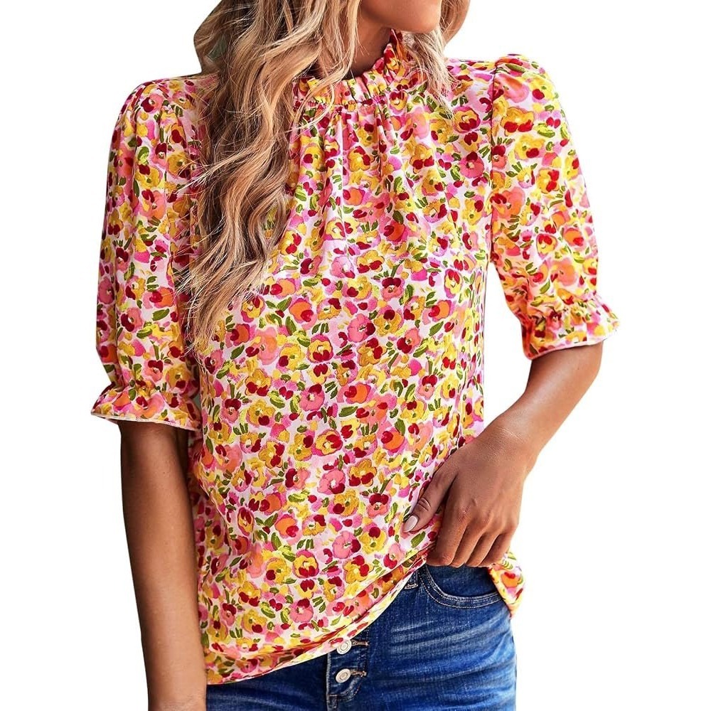 BTFBM Womens Floral Ruffle High Neck Puff Sleeve Blouse Pink Yellow Large
